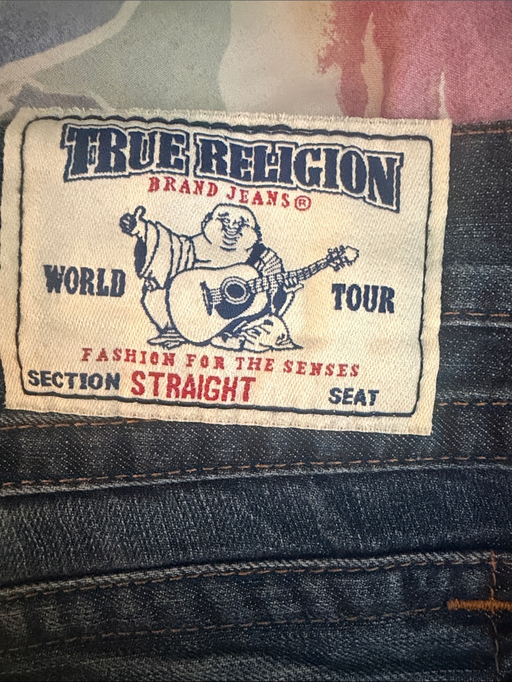 True Religion Straight Jeans in Dark Denim with red Logo Accents